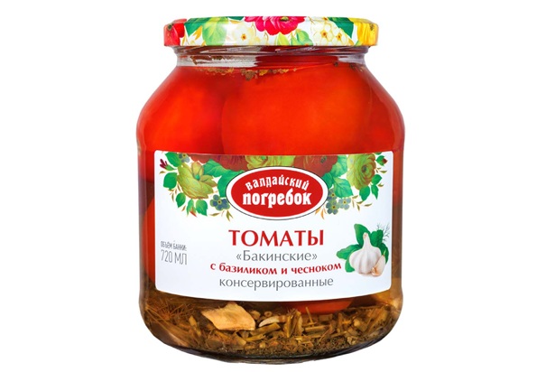 Новинки российского рынка продуктов питания. Томаты консервированные Бакинские с базиликом и чесноком ТМ ВАЛДАЙСКИЙ ПОГРЕБОК